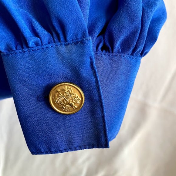 Vintage Royal Blue Pleated Blouse Gold Buttons - Picture 7 of 10